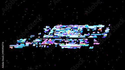 Pixelated glitch vector with red pink tones, digitalism concept in retro gaming UI aesthetics for tech and gaming use. Dark background with subtle noise enhances contrast. Ideal for tech branding,...