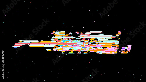 Abstract digital glitch vector in retro gaming UI style with red pink accents, focused on digitalization and data transformation. Dark background with subtle noise enhances contrast. Ideal for tech...