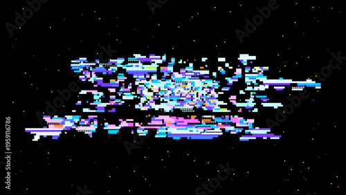Pixelated glitch vector with red pink tones, digitalism concept in retro gaming UI aesthetics for tech and gaming use. Dark background with subtle noise enhances contrast. Ideal for tech branding,...