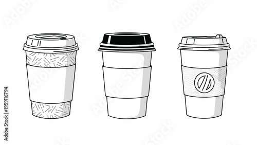 Three different designs of disposable paper coffee cups with lids and sleeves shown in a black and white line art style.