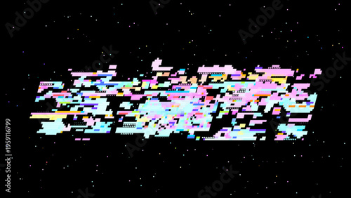 Abstract digital glitch vector in retro gaming UI style with red pink accents, focused on digitalization and data transformation. Dark background with subtle noise enhances contrast. Ideal for tech...
