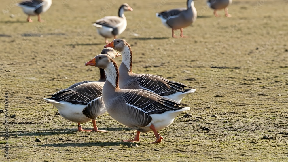 Fototapeta premium A serene flock of wild geese, with their distinct grey and white plumage, gracefully walking across a sunlit, earthy field, foraging and exploring their natural outdoor habitat