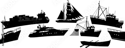  Boat and ship silhouettes with motorboat, container ship, sailboat, fishing trawler, yacht, rowboat, maritime vessel design, flat vector illustration