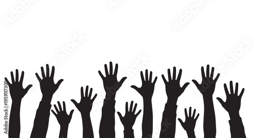 Black silhouette of hands raised up, crowd of people reaching high, community support and volunteer concept vector illustration on white background