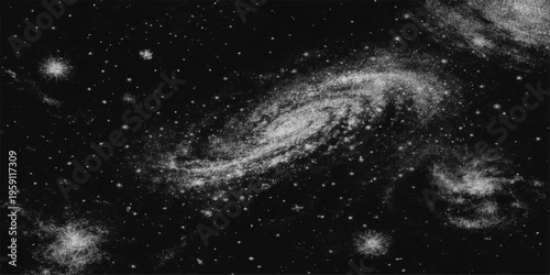 Abstract a captivating spiral galaxy swirling across the canvas of the cosmos, sprinkled with countless stars, captured in a monochromatic marvel. 