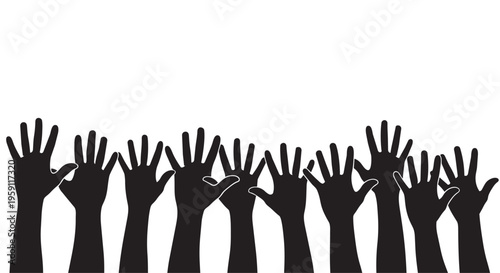 Black silhouette of raised hands in a row, group of people reaching up for community support, diverse human hands voting or volunteering