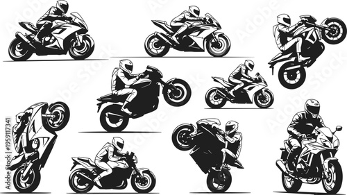  Motorcycle stunt riders, sport bike maneuvers, helmet safety gear, dynamic biker action, racing silhouettes, extreme sports performance, flat vector illustration