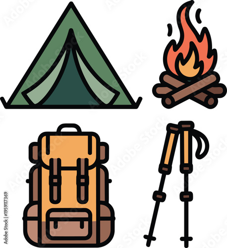 Tents campfires backpack and hiking poles colorful vector on white background.