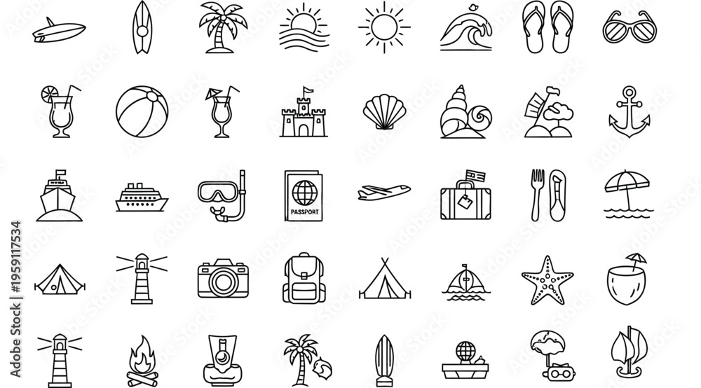 Naklejka premium Collection of summer vacation and travel icons simple line art design elements for web and mobile applications isolated on white background
