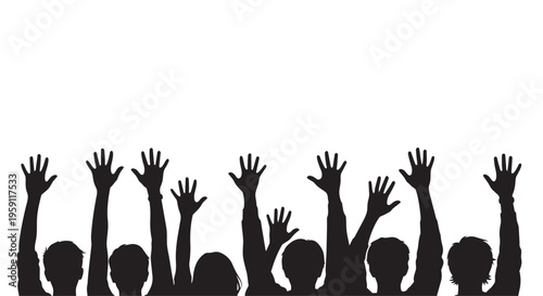 Crowd silhouette with raised hands, black and white group of people cheering, audience participation vector, community support and unity concept
