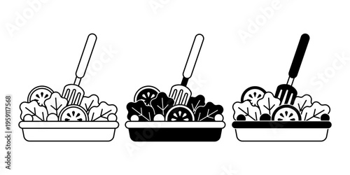 Salad Plate with Fork Outline Icon Healthy Meal Clean Eating Minimal Style Set
