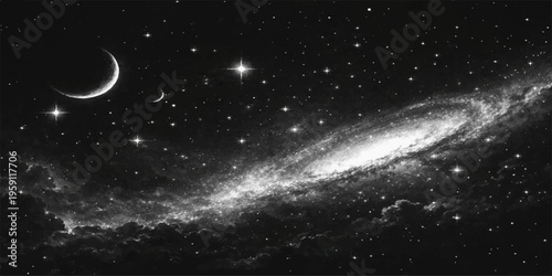 Abstract a celestial panorama unveils a breathtaking night sky, a luminous galaxy stretches across the canvas, bathed in starlight and celestial wonders. A crescent moon graces the scene. 