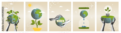 A set of collage posters about saving the Earth. A trendy halftone collage. Hands holding a globe with a wind turbine, plant, or light bulb. Concept of climate change, environmental protection, sustai