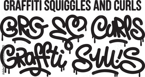 Graffiti Squiggles and Curls: A striking, black and white composition showcases an array of graffiti art, each tag and swirl a unique expression. The image is bold and graphic.