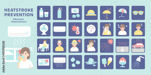 熱中症予防のフラットアイコン28点セット カラー人物付きの夏向けベクター素材