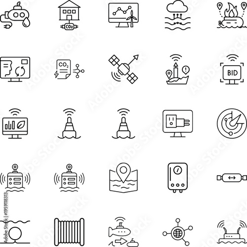 Environmental technology line vector icon set submarine buoy satellite monitor