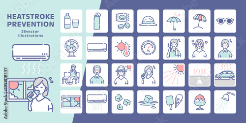 熱中症予防のアイコン28点コレクション 線画ベクターセットと人物イラスト