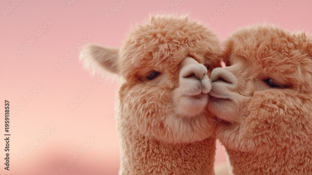 Naklejka premium Extreme close-up of two fluffy brown alpacas nuzzling or 