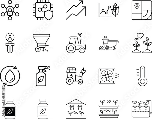 Smart farming agriculture line icon set tractor corn plant water map