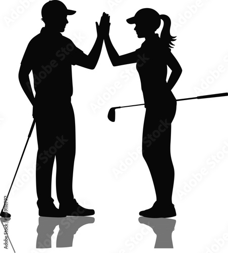 Black Silhouette of Male and Female Golfers Giving High Five Celebration After Successful Game Holding Clubs Isolated on White Background for Sports Concept