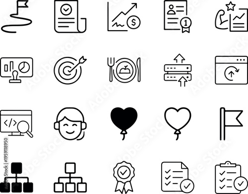 Business goals success line vector icon set document graph target