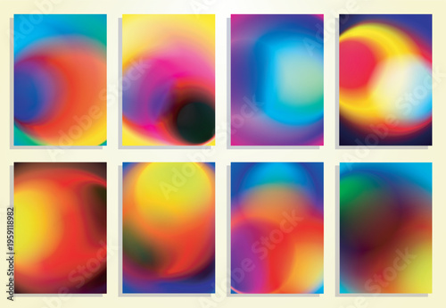 Vibrant abstract radial gradient bold colorful palette cover poster background design set, with vivid blurred circles smooth color transitions and vibrant hues for modern design.