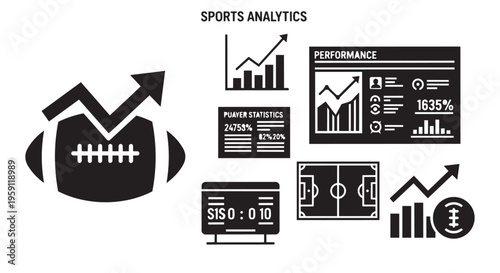 Sports analytics vector icon set, professional football performance data dashboard, athletic statistics and betting infographics in black and white