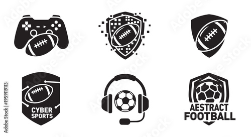 Cyber sports logo collection with football and soccer icons, 6 black vector elements for gaming and esports, minimalist athletic shield emblems