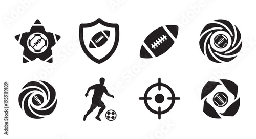 American football and soccer icons set, black minimalist sports logos with 8 vector elements, athletic competition symbols for branding and apps