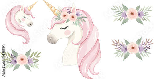 Watercolor unicorn with rainbow mane and floral accents