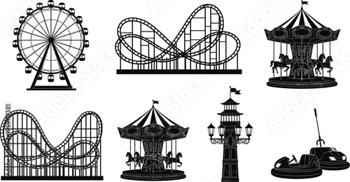 Amusement park ride silhouettes set with Ferris wheel, roller coaster, carousel horses, bumper cars, and carnival tower icons for fairground vector design elements