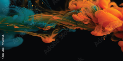Vibrant swirl of red, orange, pink, and blue ink suspended in water against a black background, creating an abstract, smoky, and dynamic visual effect.