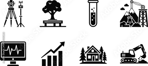 Black silhouette industrial icons set including surveying equipment tree biology test tube mountain mining monitoring screen growth chart house and construction excavator machinery