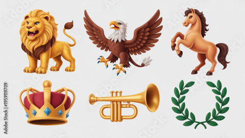 A collection of stylized icons featuring a majestic lion, bald eagle, horse, crown, and trumpet Vector