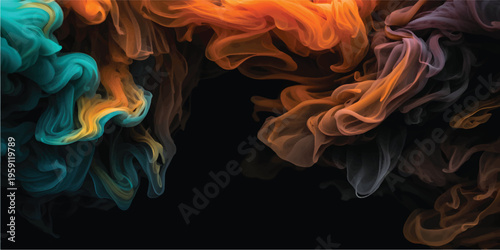 Abstract swirling clouds of colorful smoke blending vibrant hues of purple, blue, pink, and orange against a dark background, creating a dynamic and ethereal effect.