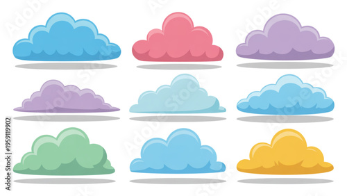 A collection of colorful fluffy cloud icons with soft shadows for graphic design and decoration Vector