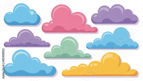 A collection of colorful fluffy cloud shapes with rounded edges in various bright pastel tones Vector