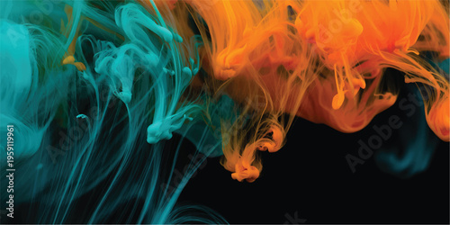 A vibrant explosion of colorful ink billowing in water, creating dynamic swirls of red, orange, and blue against a dark background, evoking a sense of energy and movement.