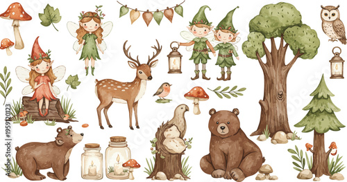 Funny cartoon vector illustration featuring a set of forest and farm animal icons like a bear, tiger, lion, and pet dog for a baby zoo collection