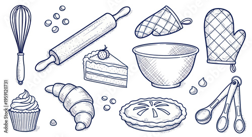 Hand-Drawn Baking Ingredients and Pastries Sketch: Whisk, Rolling Pin, Cake, Pie