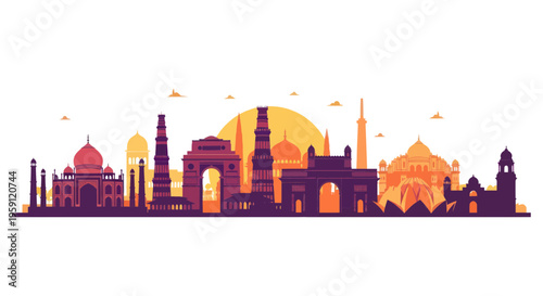 Indian Landmarks Skyline Silhouette: Taj Mahal, India Gate, Qutub Minar, Humayun's Tomb
