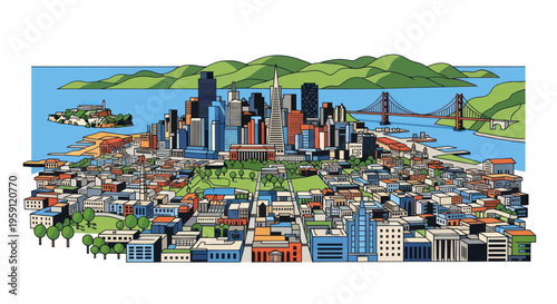 San Francisco Skyline Illustration with Golden Gate Bridge and Alcatraz
