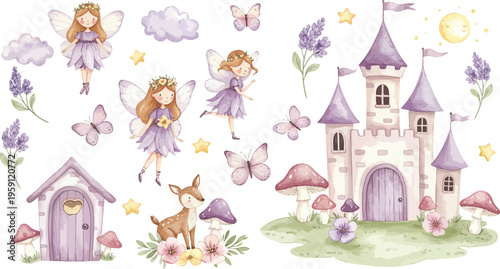 Cute cartoon illustration of a little princess with a butterfly and a fairy with a magic wand wearing a pink dress, featuring art with flowers, a baby angel, and fashion elements for kid happiness