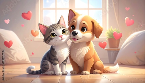 A cat and dog sitting together on a wooden floor