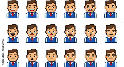 Pixel Art Business Man Emoticon Set - Various Emotions and Expressions