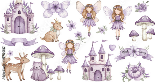 Cute cartoon illustration of a little princess with a butterfly and a fairy with a magic wand wearing a pink dress, featuring art with flowers, a baby angel, and fashion elements for kid happiness