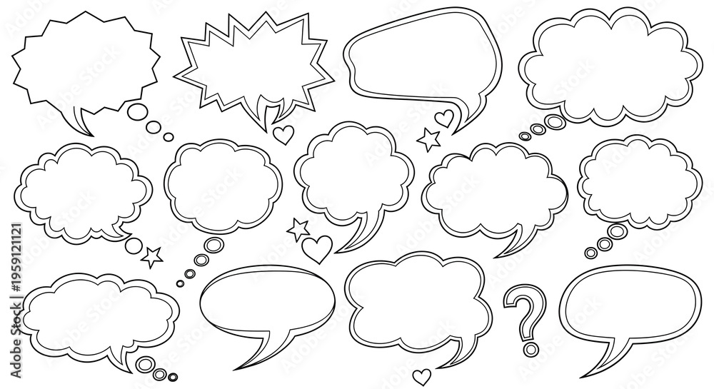 Fototapeta premium Collection of hand-drawn speech bubbles and thought clouds in black and white, perfect for adding dialogue and ideas to designs