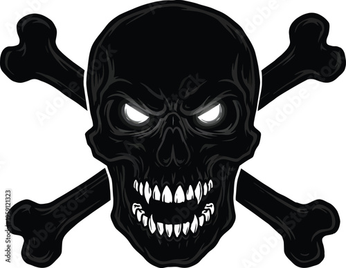 Spooky skull with bones crossed behind on white background