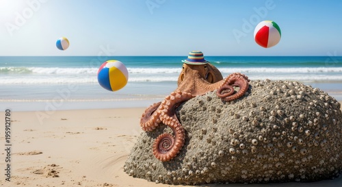 Person sitting on beach with octopus.