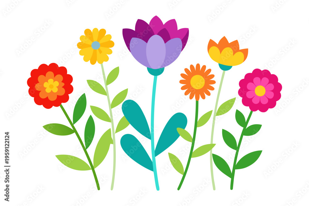 Fototapeta premium A colorful vector illustration of six vibrant flowers with green leaves on white background